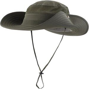 Unisex Green 100% Polyester Wide Brim Boonie Mesh With Chin Strap Bucket Sun Hat